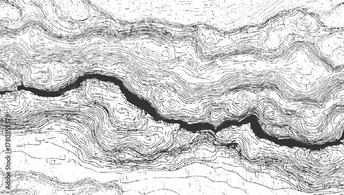 Black and white topographic map lines with a dark river abstract background