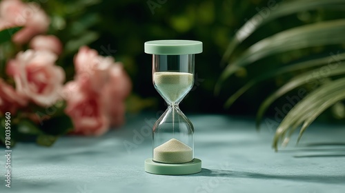 Surreal hourglass inverting to pour timeless sand in a tranquil, floral garden setting under soft natural light