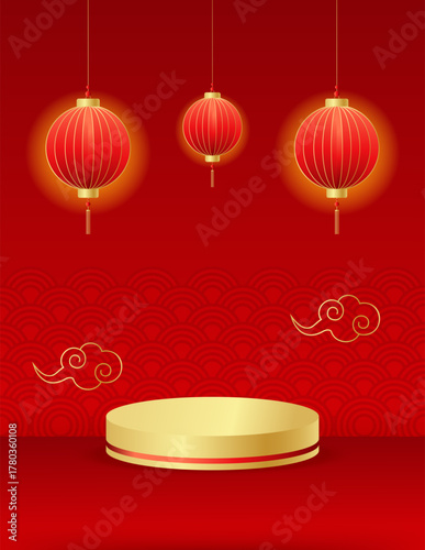 Chinese New Year vertical banner with traditional chinese pattern, podium, lantern, clouds with empty space for your design. Vector illustration, red golden colors