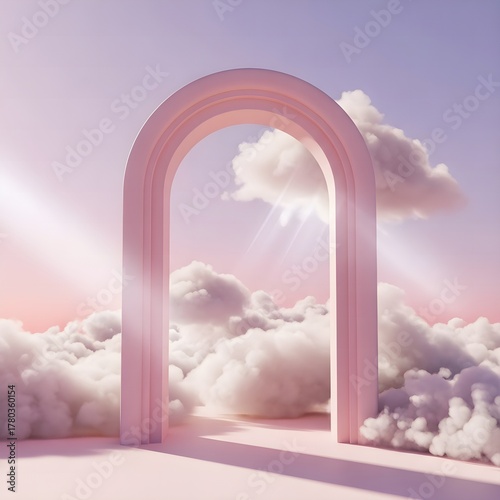 Dreamy Surreal Pink Archway with Clouds Background