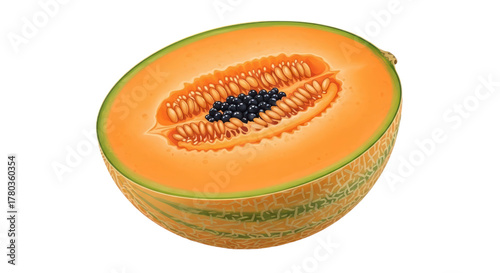 Freshly cut cantaloupe melon vibrant orange flesh and seeds isolated