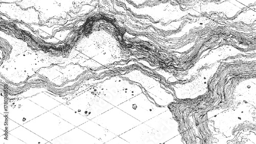 Black and white contour map lines representing topography and terrain with scattered dots and grid lines