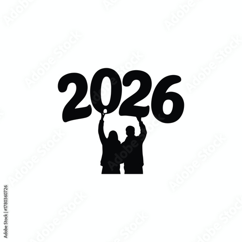 Two people silhouettes holding up the year 2026 numbers against a white background new year celebration