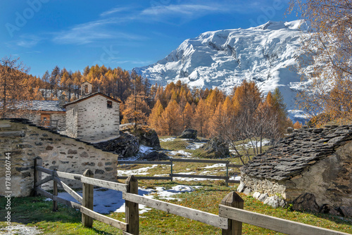old village le Monal in beautiful autumnal scenic landscape in alpine valley with golden larch trees in forest and snowy peak mountain background under blue sky in tarentaise, savoie france