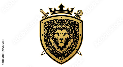 Heraldic lion crest with crown and swords on transparent background