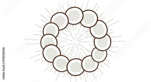 Circular Arrangement of Coconut Halves with Bursting Radiating Lines of Sunshine Abstract Design