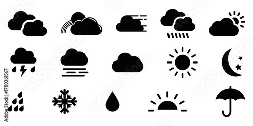 Weather icon vector set featuring sun, moon, cloud, rain, snow, and umbrella symbols, modern minimal black pictogram collection for forecast design, web interface, and climate app illustration