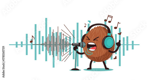 Coconut Musician Singing In Front Of Microphone With Sound Wave Pattern Cartoon Design