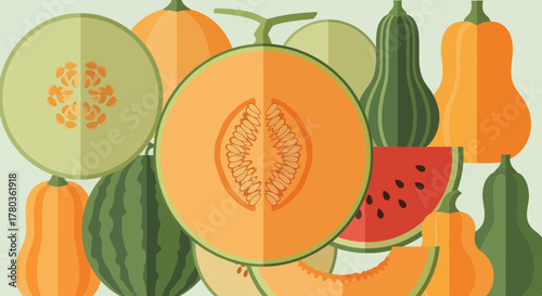 Colorful Flat Illustration Of Fresh Fruits Like Cantaloupe Watermelon Pumpkin and Gourds