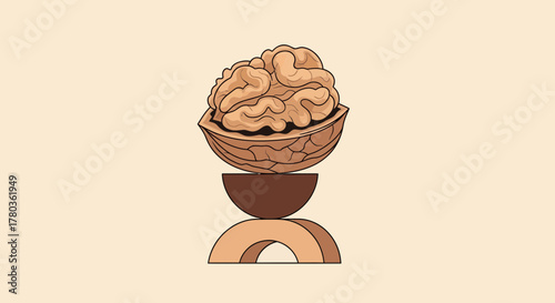 Conceptual Illustration Depicting Brain-Like Walnut on Geometric Structure with Minimalist Design
