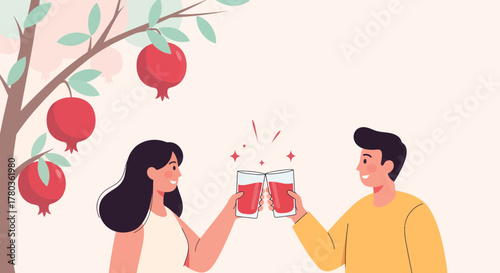 Couple Celebrating With Juice Under A Pomegranate Tree, Toasting To Good Times And Joy