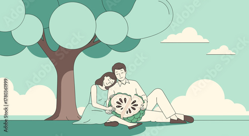 Couple Blissfully Resting Beneath a Tree with Fruit on a Gentle, Peaceful Day