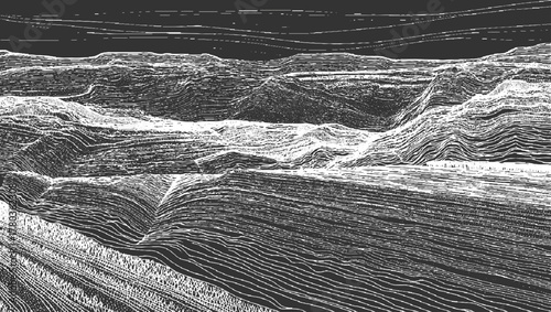Abstract topographic landscape rendered in white lines on dark gray background topography terrain