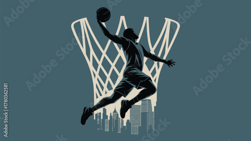 Dynamic basketball player soars for slam dunk against urban skyline, capturing the energy and passion of the game, perfect for sports marketing campaigns