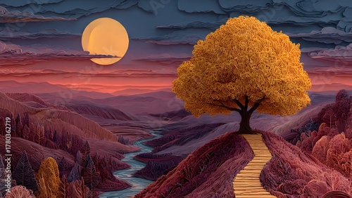 Serene fantasy landscape illustration of a vibrant golden autumn tree on a cliff overlooking a winding river during a colorful sunset