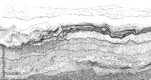 Black and white cross section of geological strata with wavy lines and dots geology layers