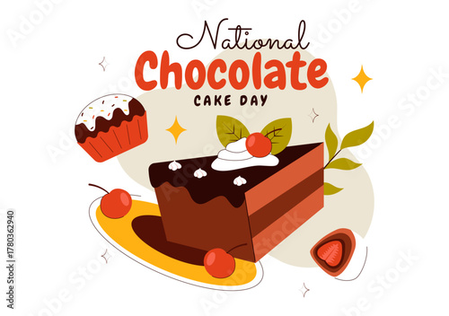 National Chocolate Cake Day Vector Illustration Featuring a Sweet And Delicious Dessert With a Festive Flat Style Cartoon Background