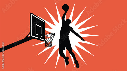 Dynamic basketball player silhouette soaring for slam dunk against vibrant burst background perfect for sports branding and athletic design projects