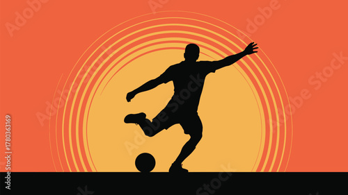 Dynamic soccer player silhouette kicking ball against vibrant sunset backdrop, perfect for sports advertising or motivational designs and inspiring projects