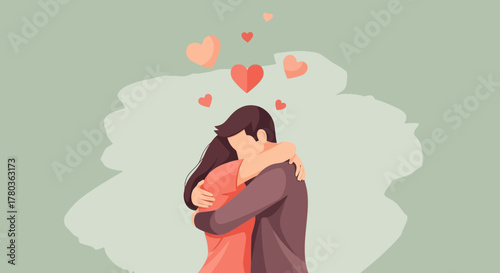 Couple Embracing with Hearts Floating Above, Expressing Love and Affection.