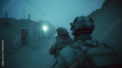 Two soldiers in full combat gear walk through a ruined street at night, bathed in blue light.