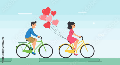 Couple riding bicycles with heart-shaped balloons on a romantic date.