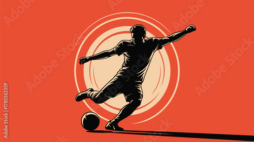Dynamic soccer player kicking ball with incredible power in vibrant stadium setting, ideal for sports marketing and athletic branding campaigns