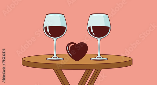 Romantic wine glasses and heart on a table illustration.