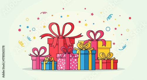 Colorful Gift Boxes with Ribbons and Confetti for Celebrations.