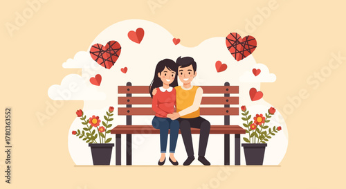 Couple in Love Sitting on a Bench Surrounded by Hearts.