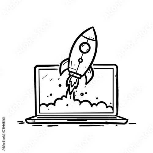 Hand Drawn Rocket Launching from Laptop Illustrating Startup Concept