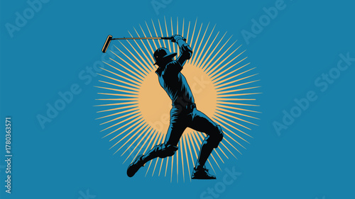Dynamic polo player silhouette swinging with power against a radiant sunburst backdrop, perfect for sports brands and athletic promotions