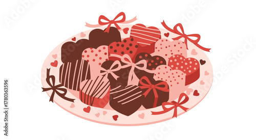 Heart-shaped chocolate candies with ribbons on a plate.