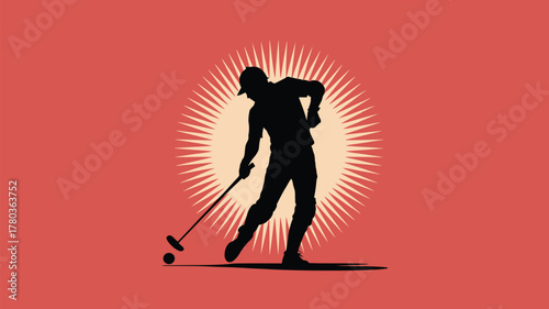 Dynamic silhouette of golf player teeing off against retro sunburst for sports marketing and brand visuals, evokes power and precision