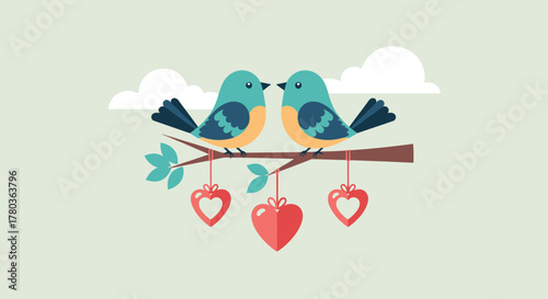 Two Lovebirds Perched on a Branch with Hanging Hearts.