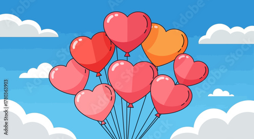 Heart-Shaped Balloons Floating in a Blue Sky with Clouds.