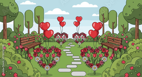 Romantic Garden Scene with Heart-Shaped Flowerbeds and Balloons.