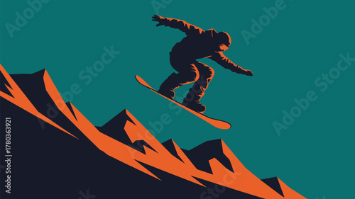 Dynamic snowboarder soaring over mountain peaks in vibrant retro style, perfect for winter sports promotions or adventure travel campaigns