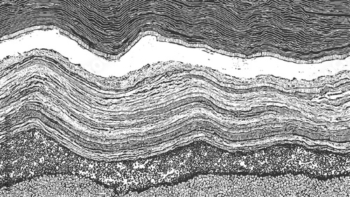 Black and white cross section of layered rock strata with circular patterns abstract background