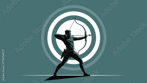Dynamic archer drawing back arrow for target practice, demonstrating focus, determination, and the pursuit of excellence in sports or business