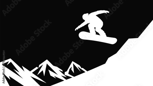 Snowboarder silhouette soaring above majestic mountain peaks against a stark black backdrop for extreme winter sports and adventure lifestyle themes