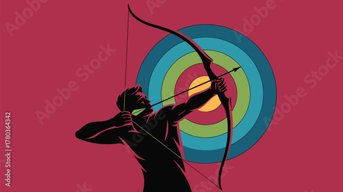 Powerful archer aiming with precision toward colorful target for sports or business success metaphors, symbolizing focus, skill, and achieving goals