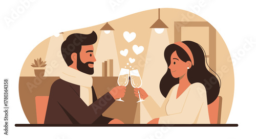 Romantic Couple Toasting at Dinner with Hearts Floating Above.