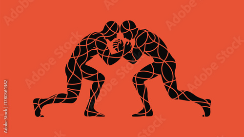 Dynamic wrestling match graphic, showcasing strength and competition, perfect for sports publications or fitness promotions with an orange background