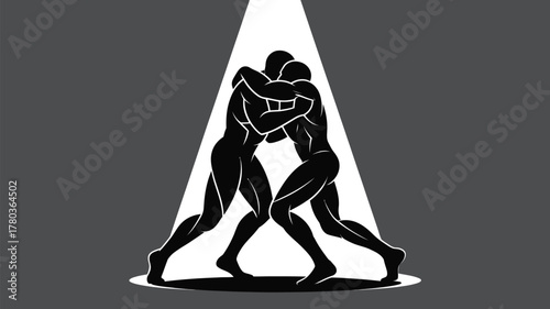 Dynamic wrestling match with spotlight shines on intense competitors grappling for victory, showcasing strength and determination in the ring, bold graphic