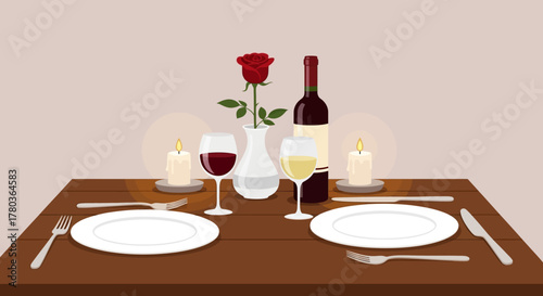Romantic Dinner Table Setting with Wine and Rose.