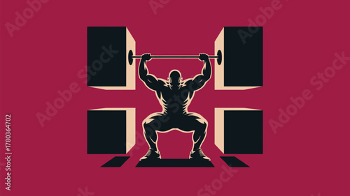 Powerful weightlifter silhouette lifting barbell with intense focus, promoting strength, determination, fitness goals, and healthy lifestyle motivation
