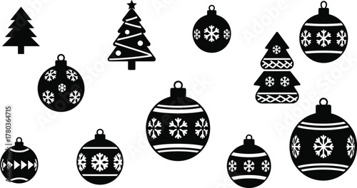 Black Christmas ornament and tree silhouette set, festive baubles with snowflake designs, holiday decoration vector elements for winter design