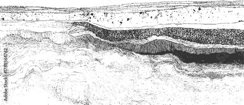 Black and white cross-section illustration of geological strata and rock layers geology