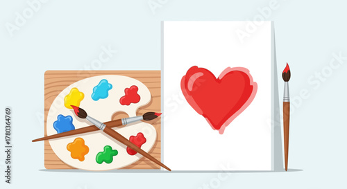 Heart Painting with Palette and Brushes - Artistic Expression of Love.
